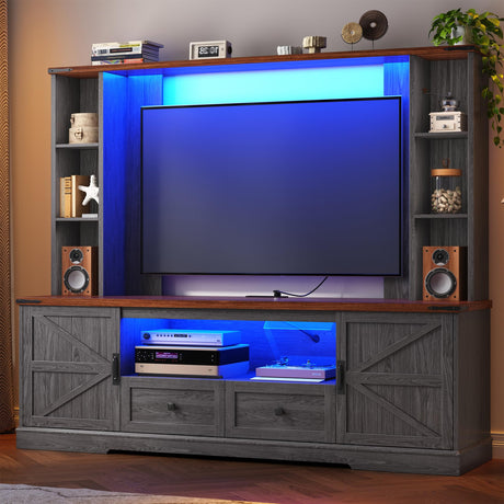 Entertainment Center with 2 LED Lights & Power Outlets, Large Farmhouse Wall Unit Entertainment Center for 60 Inch Television Stand, TV Stands for Living Room with Storage Shelf, Dark Grey EnHomee