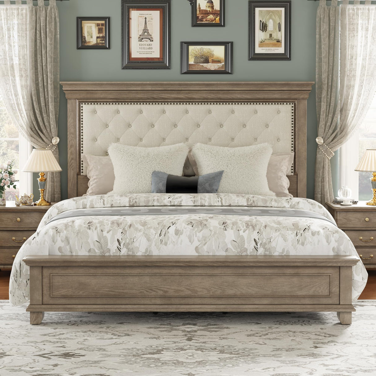 LUXOAK Solid Pine Wood King Bed Frame with 69" High Upholstered Headboard, Transitional Style Platform Bed, No Box Spring Needed & Easy Assembly, Button-Tufted Chenille Fabric, Antique Taupe LUXOAK