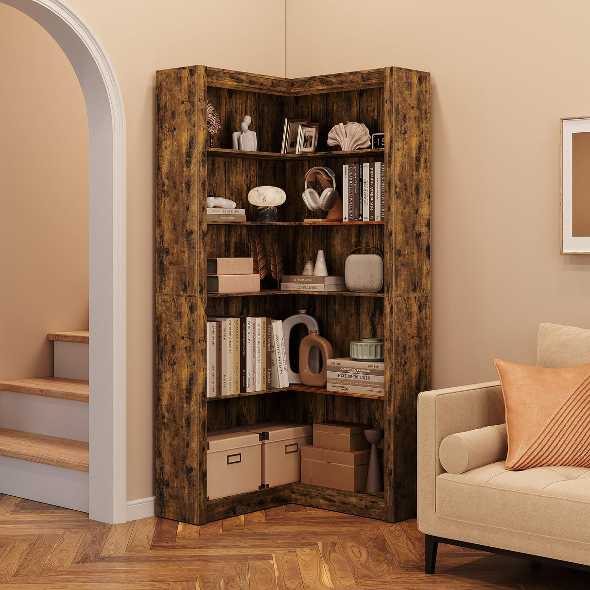 GarveeHome Corner Bookshelf, 71.8 in Farmhouse Corner Bookcase, L-Shaped Bookshelf Large Bookcase, 5 Tier Display Shelf Heavy Duty Bookcases, Bookshelves with Storage GarveeHome