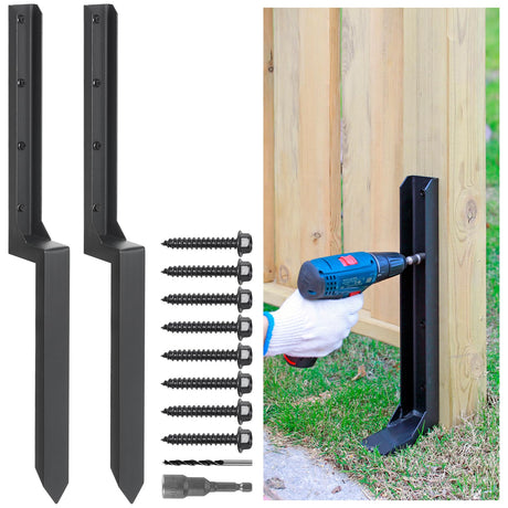 Epcee Heavy Duty Steel Repair Stakes, Anchor Ground Spike, for Repair Tilted/Broken Wood Fence Post (2 Pack/Black） Epcee