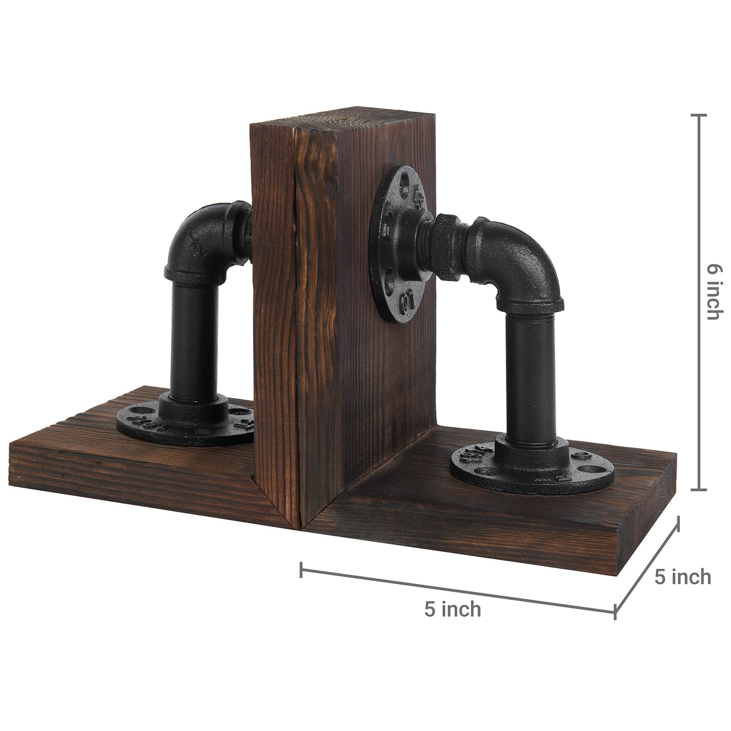 MyGift Dark Brown Industrial Pipe & Rustic Wood Bookends, Set of 2