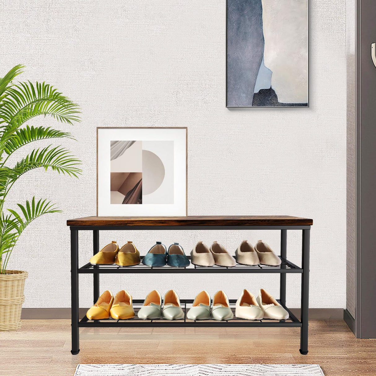 Glynym 3-Tier Metal Shoe Rack with Wood Top - Durable & Space-Saving Shoe Organizer,Industrial Shoe Organizer Shelf Bench Storagefor Closet Entryway, Bedroom & Hallway - Bronze + Black 28.5 W × 18" H Glynym