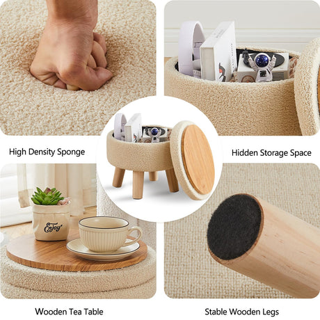 Wimarsbon Storage Ottoman, Modern Round Footrest with Soft Padded Seat, Teddy Velvet Footstool with Wood Legs, Accent Small Table or Plant Stand for Hallway, Living Room (Off-White) Wimarsbon