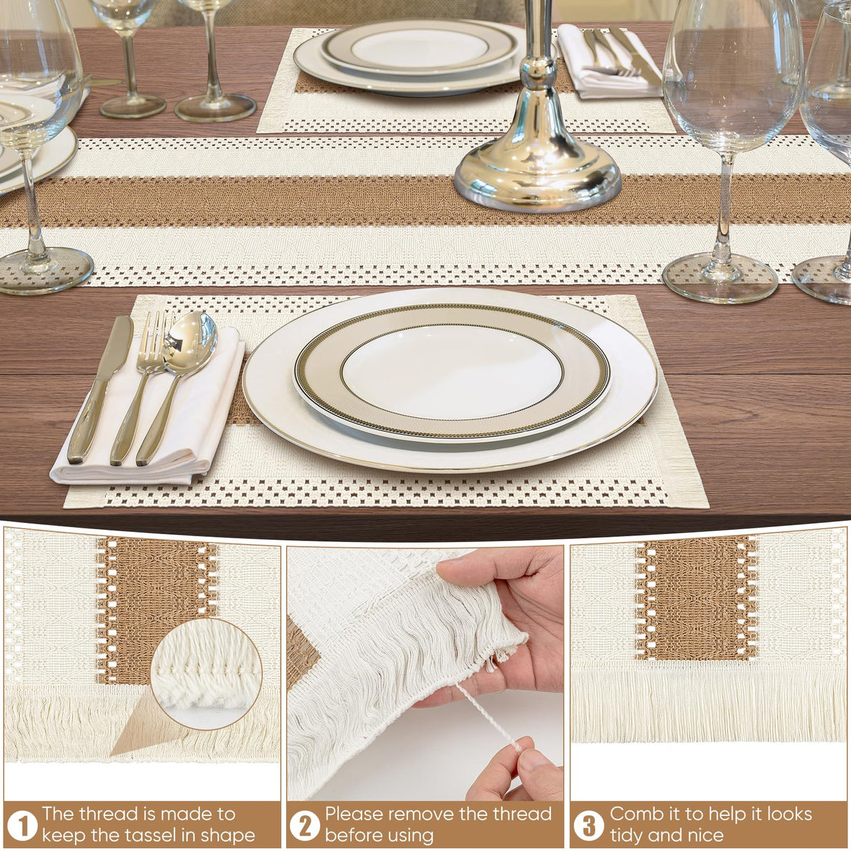 ADRIMER Placemats Set of 6, Handmade Round Woven Table Mats, Burlap Boho Table Place Mats and 1 Pcs 72 Inch Table Runner with Macrame for Kitchen and Dining Table Farmhouse Decor ADRIMER