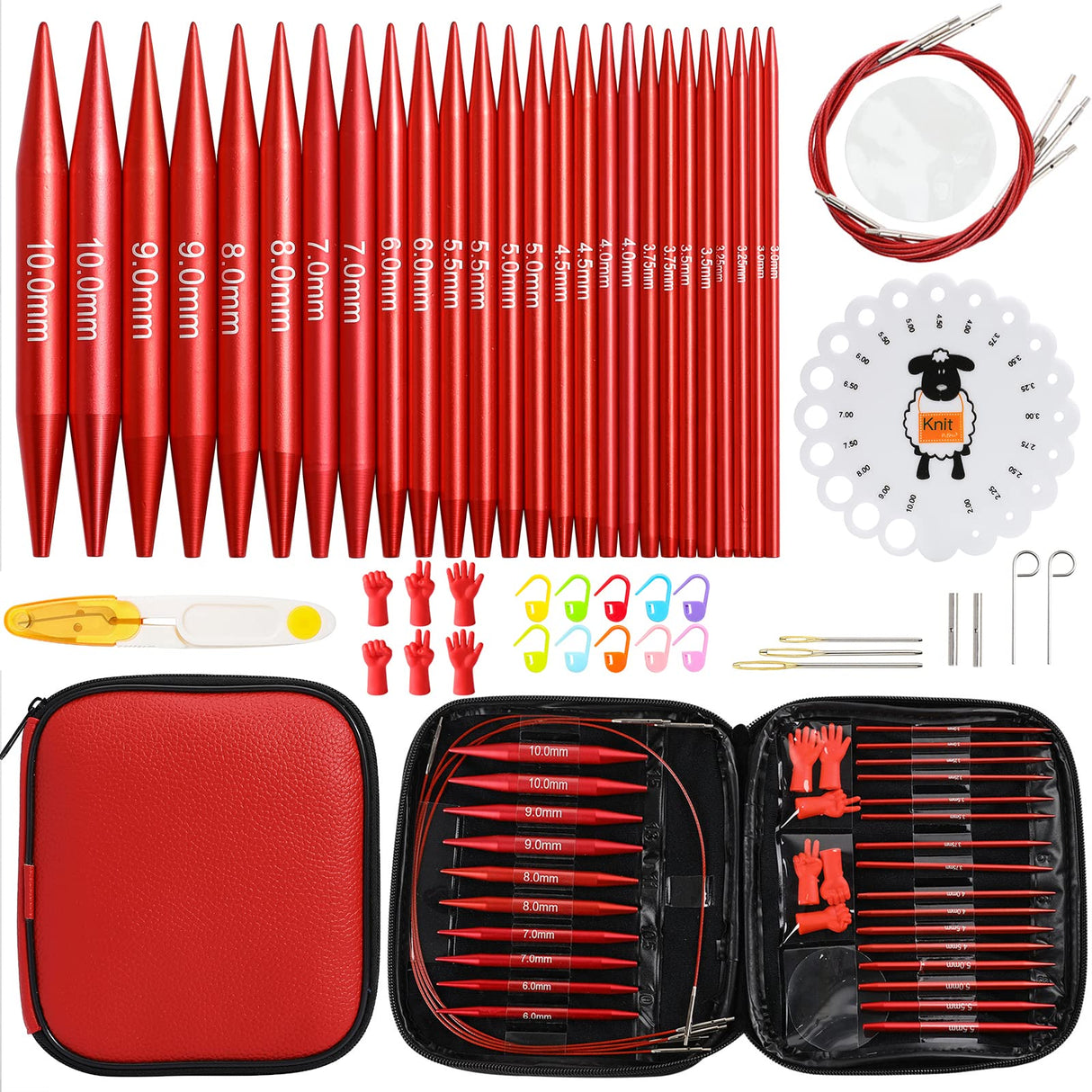 Looen 57 pcs Aluminum Circular Knitting Needles Set with Ergonomic Handles,13 Size Interchangeable Crochet Needles with Storage Case for Small Project (Style 1 New Red) LOOEN