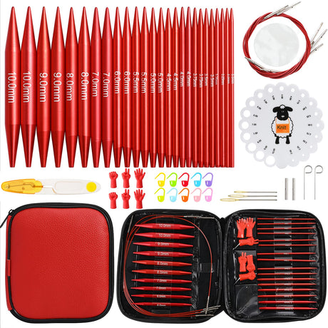 Looen 57 pcs Aluminum Circular Knitting Needles Set with Ergonomic Handles,13 Size Interchangeable Crochet Needles with Storage Case for Small Project (Style 1 New Red) LOOEN