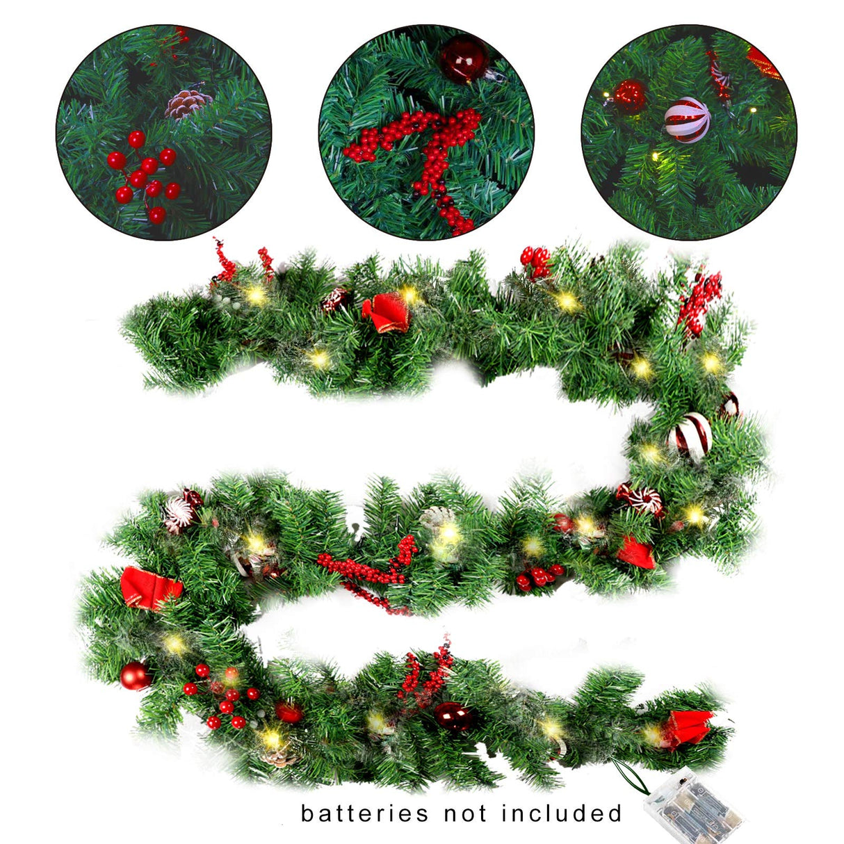 MorTime 9 FT LED Christmas Garland with Pinecones Red Berries Bows Christmas Balls Candies, Multi-function Christmas Garland with 50 Warm White LED Lights, 180 Branch Tips MorTime
