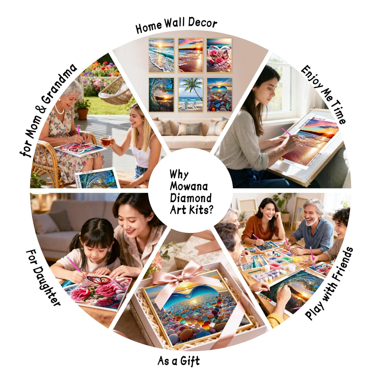 Mowana Diamond Art Kits for Adults - Beach Diamond Painting Kits for Beginners, Sea Stone Love Heart Stone 5D DIY Full Drill Rhinestone Gem Art Painting for Home Wall Decor and Gifts 6 Pack 12x16inch Mowana