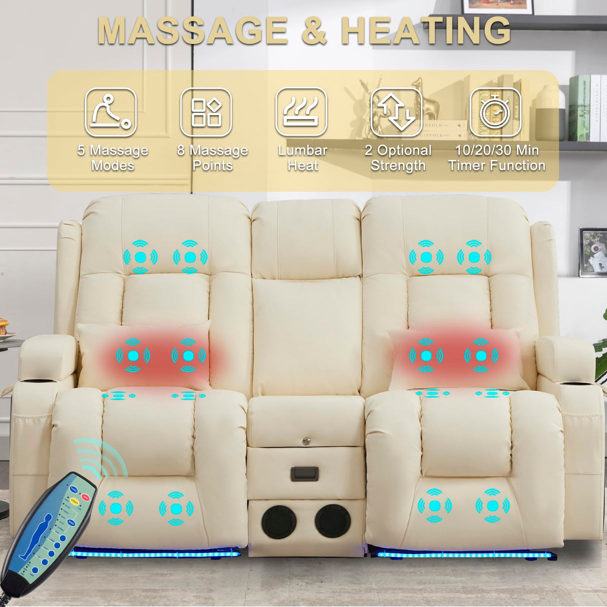 URRED Power Reclining Loveseat Sofa with Console, RV Couch Loveseat Recliner Sofa with Massage & Heat, LED Light, Cupholders, Bluetooth Speakers, USB Charge Ports, Outlets, Faux Leather, Ivory URRED