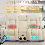 URRED Power Reclining Loveseat Sofa with Console, RV Couch Loveseat Recliner Sofa with Massage & Heat, LED Light, Cupholders, Bluetooth Speakers, USB Charge Ports, Outlets, Faux Leather, Ivory URRED