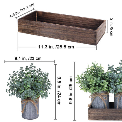 Set of 3 Mini Potted Plants Arrangement Faux Boxwood Eucalyptus Rosemary Plants in Rustic Galvanized Metal Pots with Rectangle Wood Box for Farmhouse Table Centerpiece Mantel Kitchen Greenery Decor