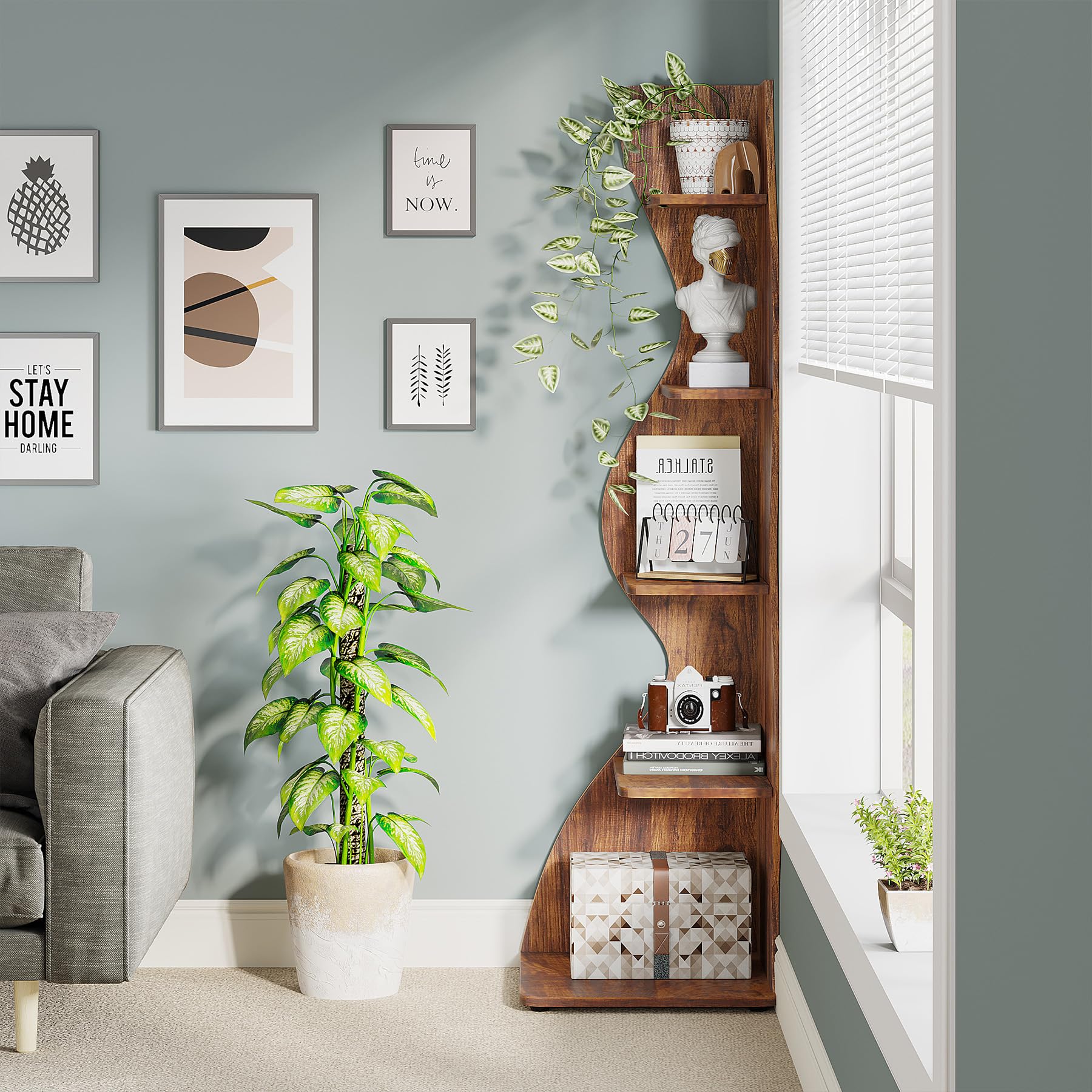 Rustic 5-Tier Corner Shelf - Stylish Brown Bookshelf & Plant Stand by Tribesigns - WoodArtSupply