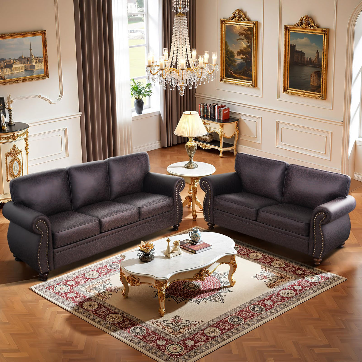 Couchus Mid-Century Vintage Sofa Couches with Rivet Design,loveseat Sofa,Removable Sofa Cover Upholstered Cushions and Solid Wood Frame (Brown, Loveseat) Couchus