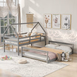 Merax House Floor Bunk Bed with Ladder Twin Over Full,Wood Low Bunk Bed for Kids Juniors, Space-Saving,No Box Spring Needed Gray Merax