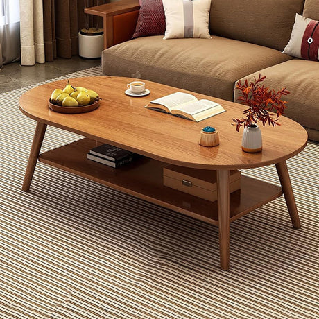 Modern Coffee Table for Living Room,Solid Wood Coffee Table with Storage Shelf,Oval Center Table Wooden Accent Cocktail End Table for Home Office Small Apartment(31.5" W, Brown) topjia