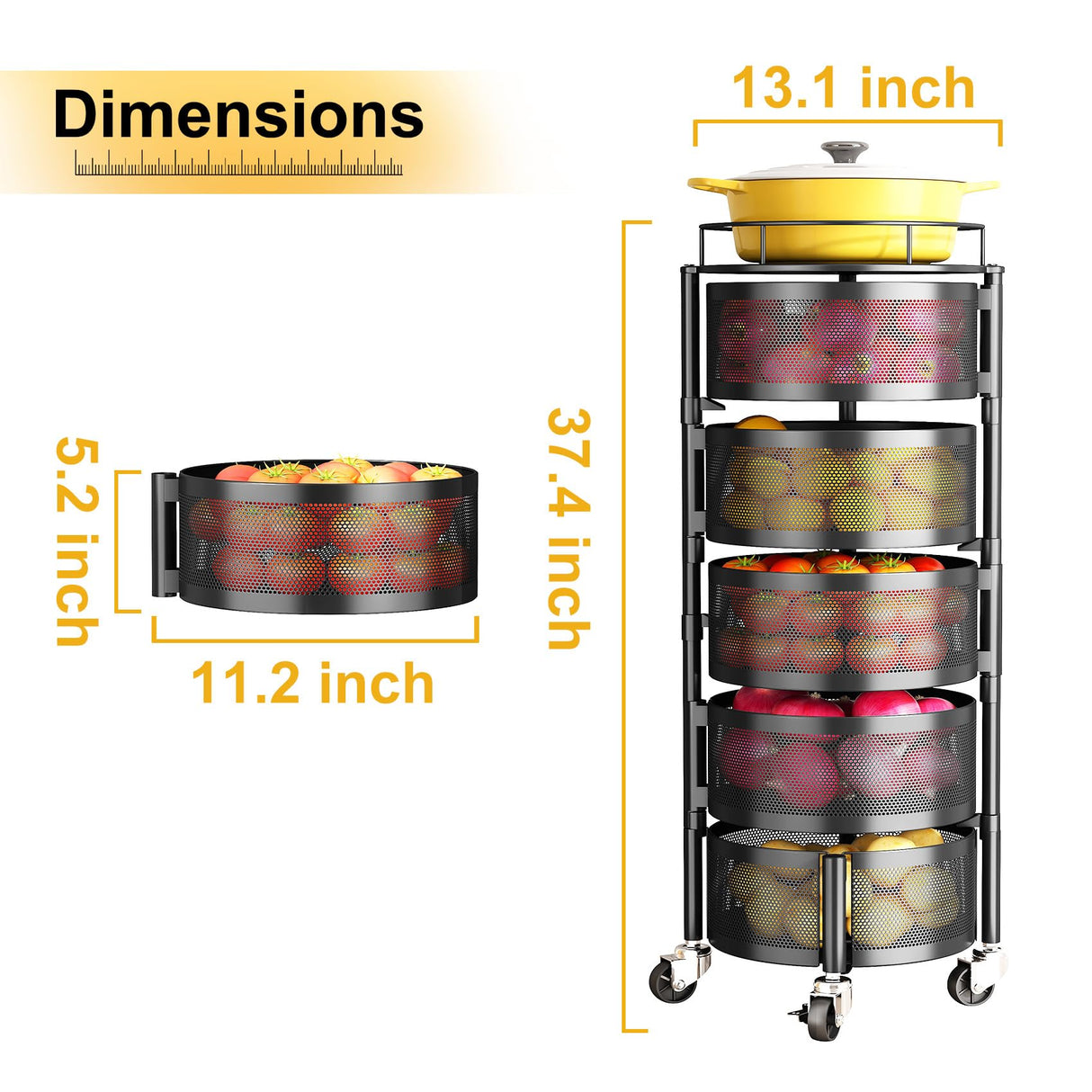 Fruit and Vegetable Basket Bowls for Kitchen with Metal Top Lid, SNTD 5 Tier Rotating Storage Rack Cart for Potato Onion Bread Banana, Wire Basket Organizer on Wheels, Large, Black SNTD
