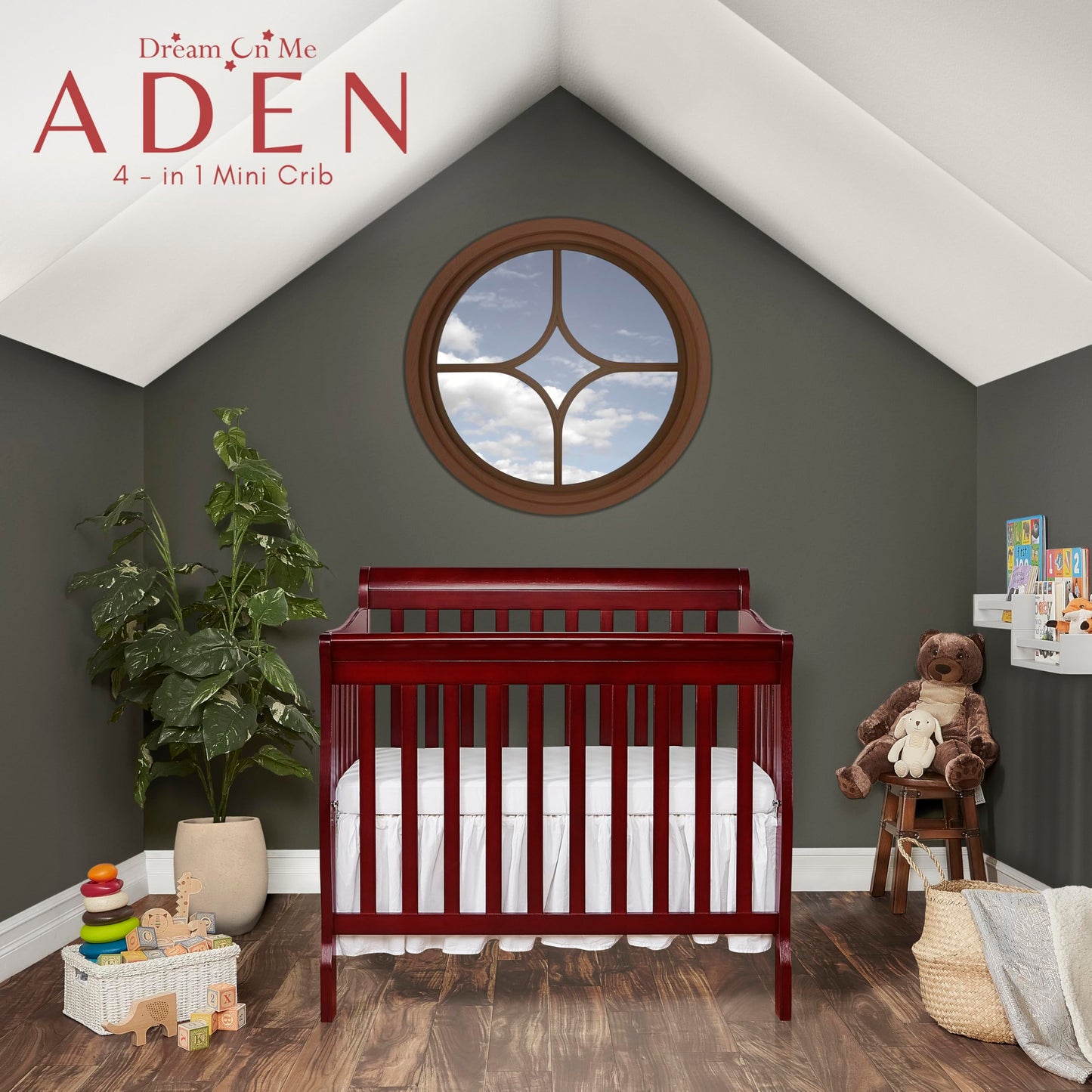 Dream On Me Aden 4-in-1 Convertible Mini Crib In Cherry, Greenguard Gold Certified, Non-Toxic Finish, New Zealand Pinewood, With 3 Mattress Height Settings