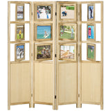 HOMCOM 4 Panel Room Divider, 5.6' Indoor Wood Portable Folding Privacy Screens with Photo Frames and Cardstocks, Hinged Freestanding Partition Wall Dividers for Home Office, Natural HOMCOM