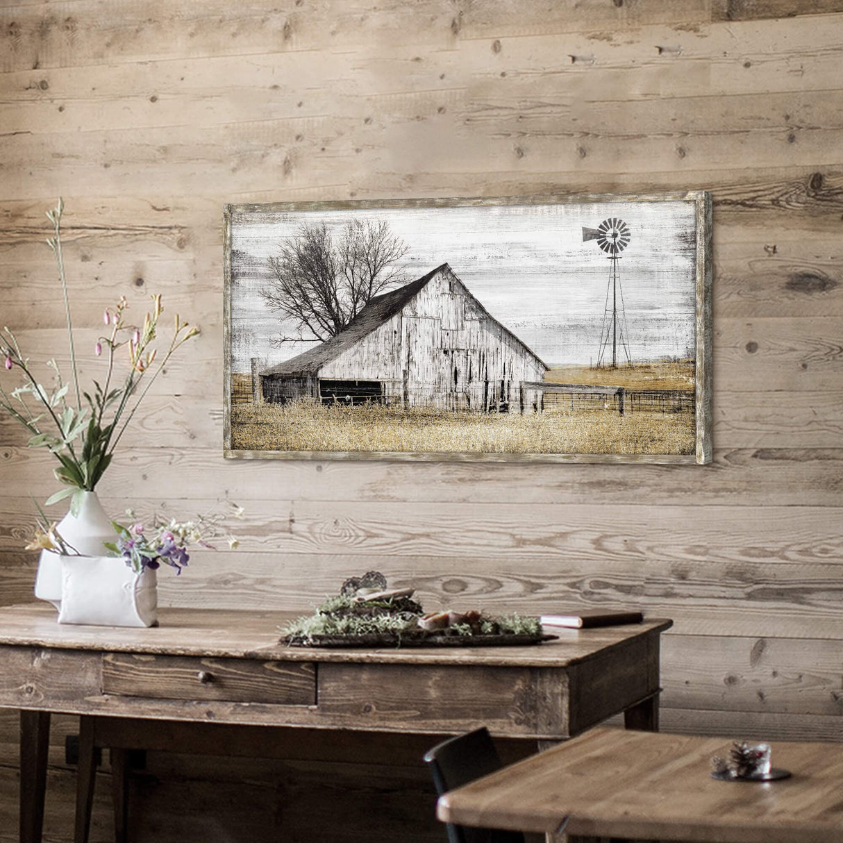 Farmhouse Framed Wall Art Picture: Rustic Barn Farm Wood Artwork Decor Large Country Landscape Windmill Print Horizontal Panoramic Countryside Rural Nature Scene Painting for Living Room Bedroom SD SOFT DANCE