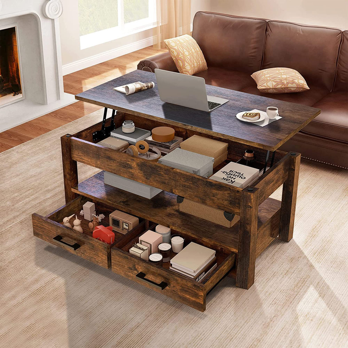 FABATO 41.7'' Lift Top Coffee Table with 2 Storage Drawer Hidden Compartment Open Storage Shelf for Living Room Dining Table Reception Room Rustic Brown FABATO