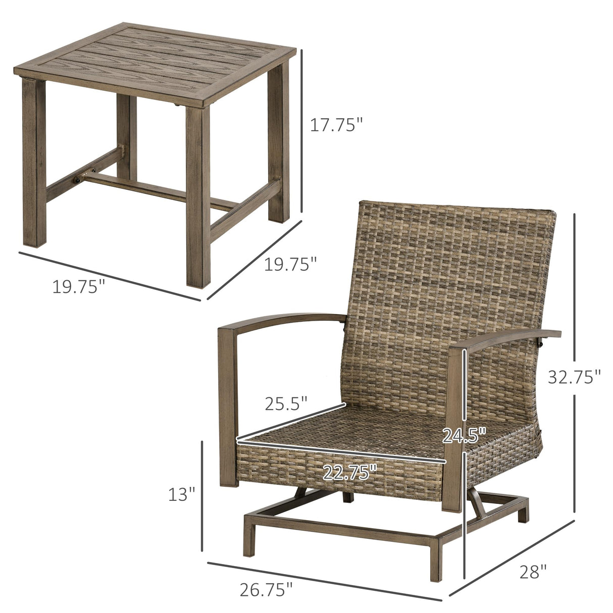 Outsunny 3-Piece Wicker Patio Furniture Set, Outdoor Rocking Chair Set with Bistro Coffee Table, PE Rattan Rocker Conversation Set with Cushions for Porch, Balcony, Yard, Poolside, Garden, Gray Outsunny