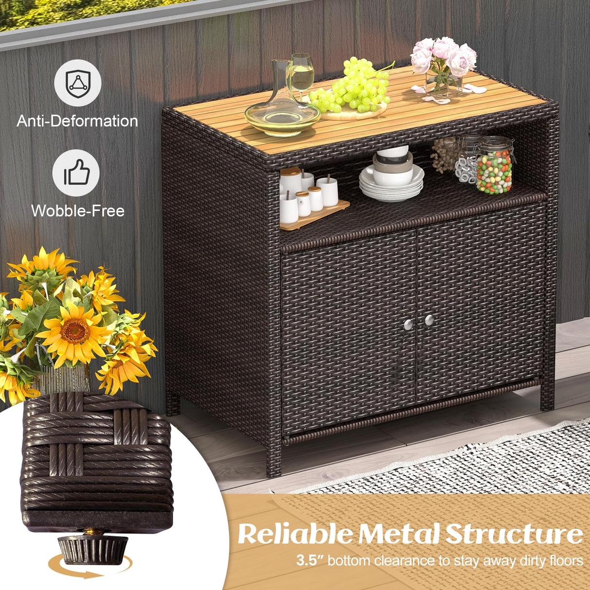 Tangkula Rattan Outdoor Storage Cabinet, Patiojoy Outdoor Cabinet with Acacia Wood Countertop, Open Compartment, 2-Door Wicker Sideboard, Outdoor Bar for Patio Garden Backyard Poolside (Mix Brown) Tangkula