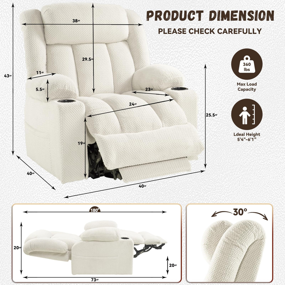 Neioml 3 Motor Large-Wide Lift Chair, Infinite Position, 180° Lay Flat, Power Lift Chairs Recliners for Elderly Big and Tall, Massage & Heat, Extended Footrest, Soft Plush Flannel (Cream White) Neioml