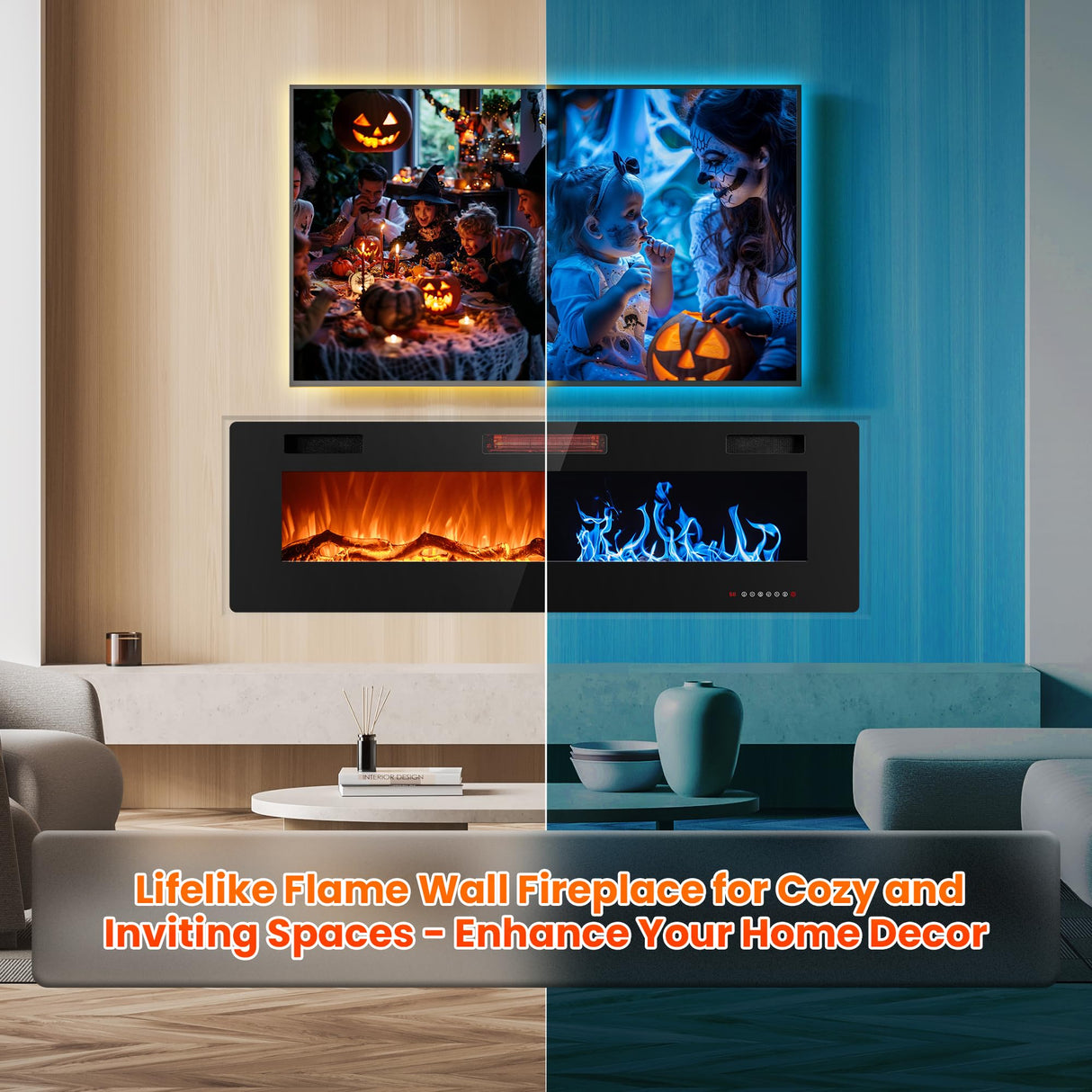 Joy Pebble 60 inch Electric Fireplace Inserts, in-Wall Recessed and Wall Mounted 750/1500W Fireplace Heater, Touch Screen, Remote Control with Timer, Adjustable Flame Color and Speed Joy Pebble
