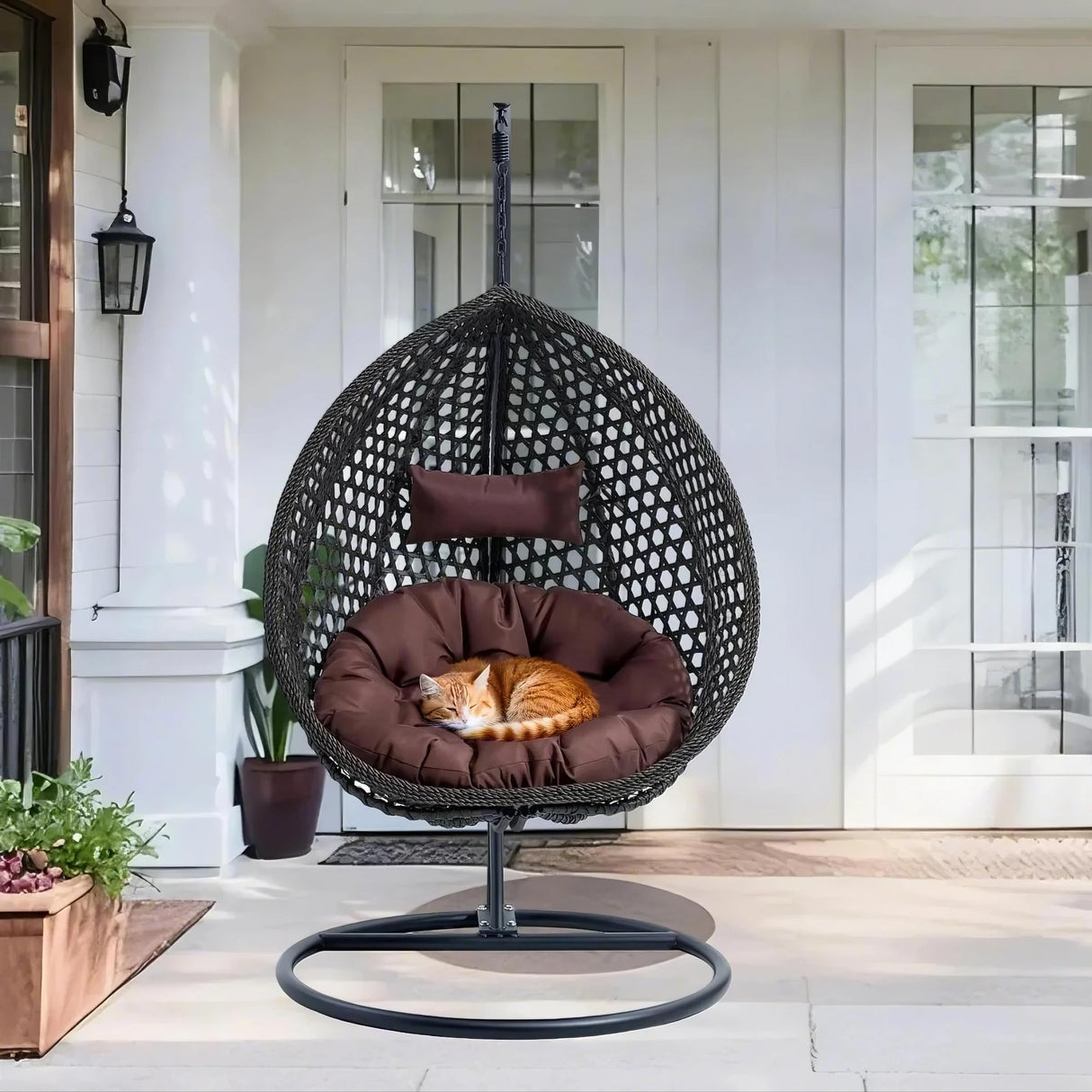 Egg Swing Chair Outdoor with Stand, Indoor Swing for Adults, Hanging Egg Rattan Basket Chair with Cushion and Pillow, Foldable Basket and Metal Stand for Porch, Patio, Bedroom, Balcony,Yard (Black) CRIPNAS