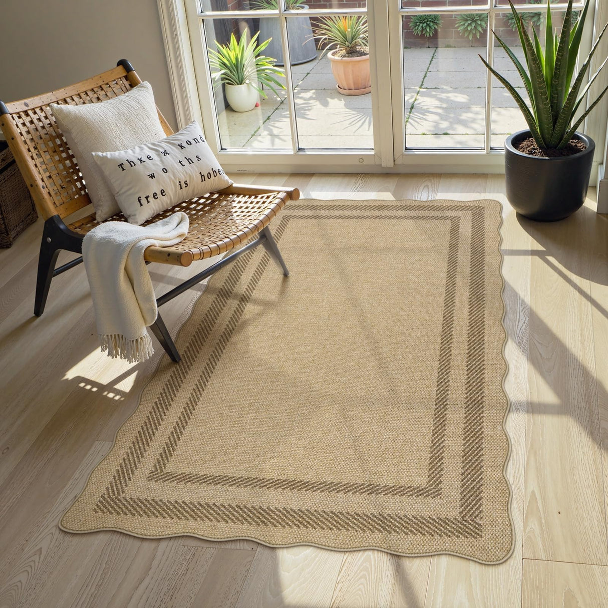 LIVEBOX Scalloped Easy Jute 3x5 Outdoor Rug, Washable Non-Slip Geometri Tan Rugs for Entryway, Indoor Outdoor Farmhouse Rug Morden Carpet Door Mat Area Rug for Bedroom Living Room Kitchen LIVEBOX