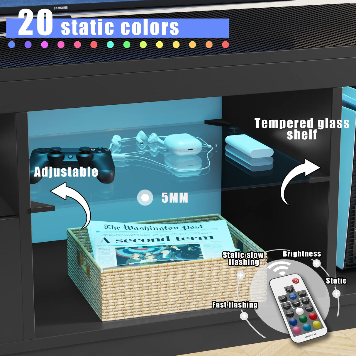 JUMMICO TV Stand, Entertainment Center LED Gaming TV Stand for 65+ Inch TV Carbon Fiber Top, Dynamic RGB Modes TV Cabinet Console with Adjustable Glass Shelves Storage Drawers (Black) JUMMICO