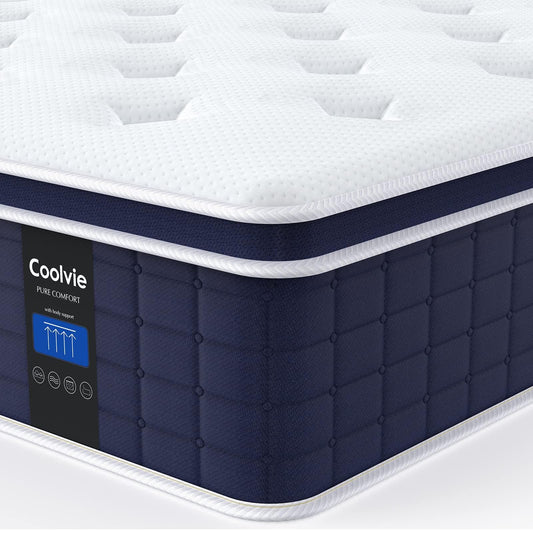 Coolvie 14 Inch Queen Mattress, Medium Firm Memory Foam Queen Size Mattresses in a Box, Hybrid CertiPUR-US Certified Foam Pocket Springs for Motion Isolation & Pressure Relieving, 100-Night Trial