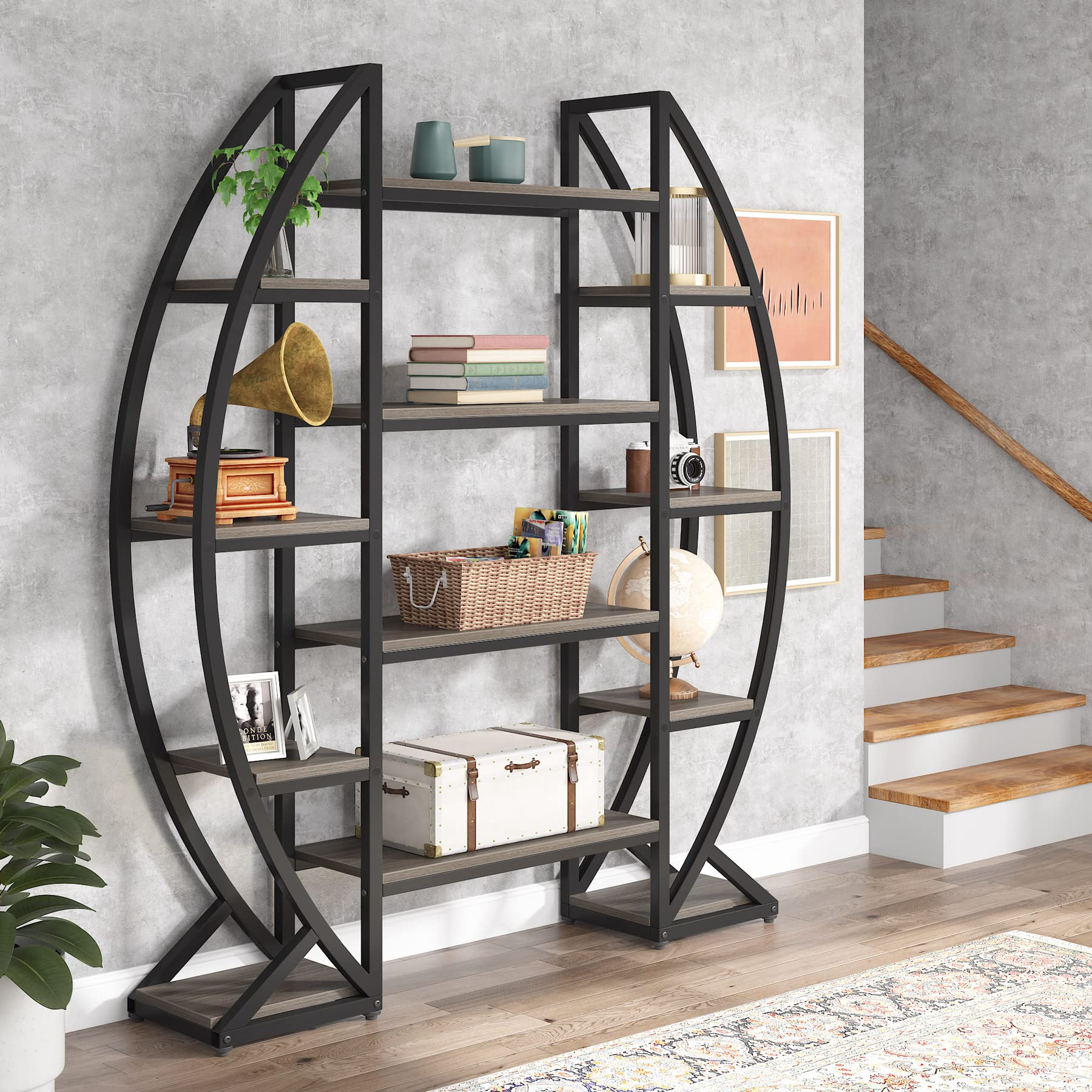 Tribesigns Industrial Elegant Oval 5-Tier Bookshelf in Grey - WoodArtSupply