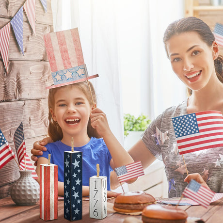 Amyhill 3 Pcs 4th of July Wooden Table Decorations Patriotic Table Centerpieces Independence Day Wood Firework Fourth of July Table Signs for Home Farmhouse Decor(Classic Style) Amyhill