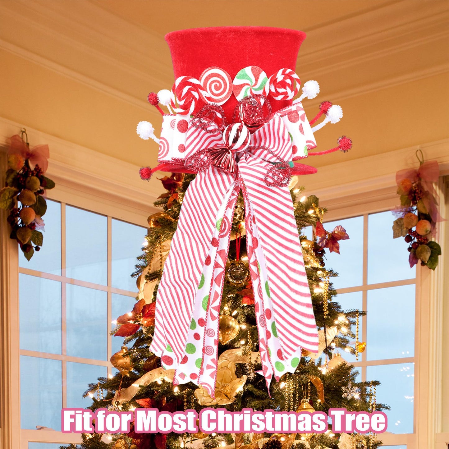 HMASYO Candy Cane Christmas Tree Topper - Large Red Tree Topper Hat with Candy Peppermint Bows Ribbon Ornament, Top Hat Christmas Tree Topper for Home Office Holiday Tree Decoration Xmas Gift