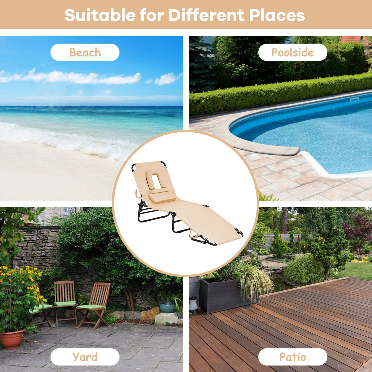 gotoplay Folding Beach Lounge Chair w/ 5 Adjutable Backrest & Padded Pillow, Sunbathing Lounger Chair, Sun Tanning Lay Flat Chair for Seaside Pool Deck, Max Load 330 LBS, No Assembly Required (Beige) gotoplay