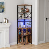 Aufvolr Wine Bar Cabinet with Power Outlet, 6-Tiers Industrial Wine Cabinet with LED Light and Glass Holder, Corner Wine Cabinet with Adjustable Shelf, Liquor Cabinet Bar for Christmas Aufvolr