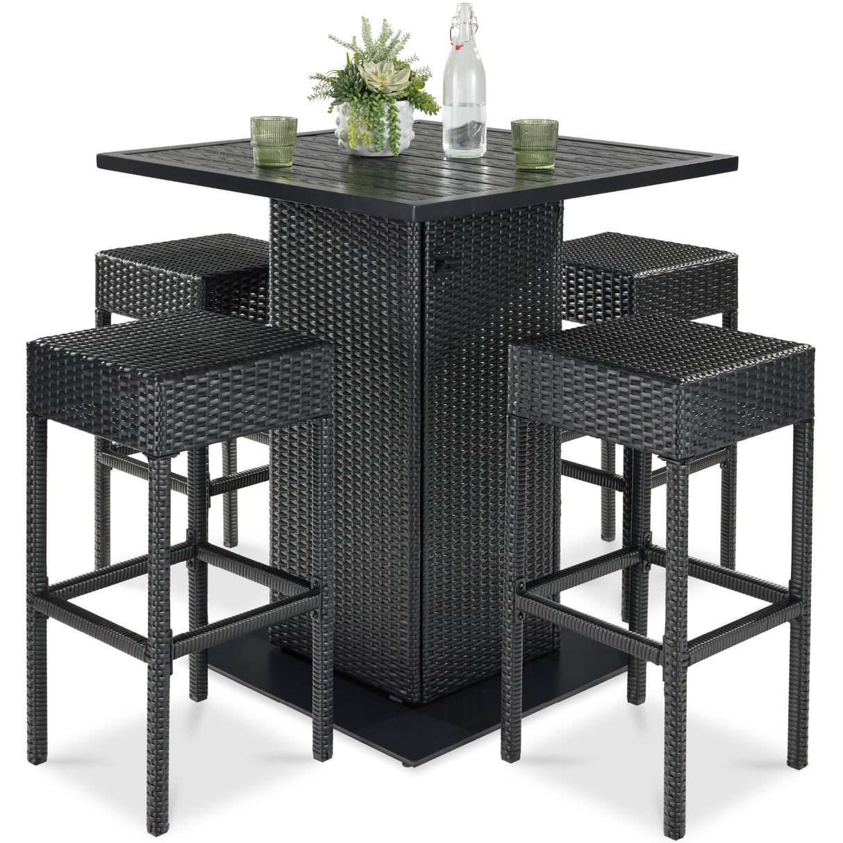 Best Choice Products 5-Piece Outdoor Wicker Bar Table Set for Patio, Poolside, Backyard w/Built-in Bottle Opener, Hidden Storage Shelf, Metal Tabletop, 4 Stools - Black Best Choice Products