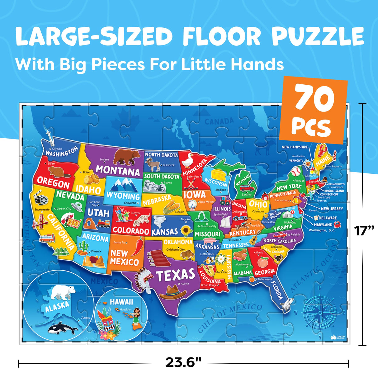 United States Puzzles for Kids Ages 4-6 - Educational Toys for Boys & Girls - 70Pcs USA Map Kids Puzzle with 50 States & Capitals - Christmas Gifts for Kids - Floor Jigsaw Puzzles Momo & Nashi