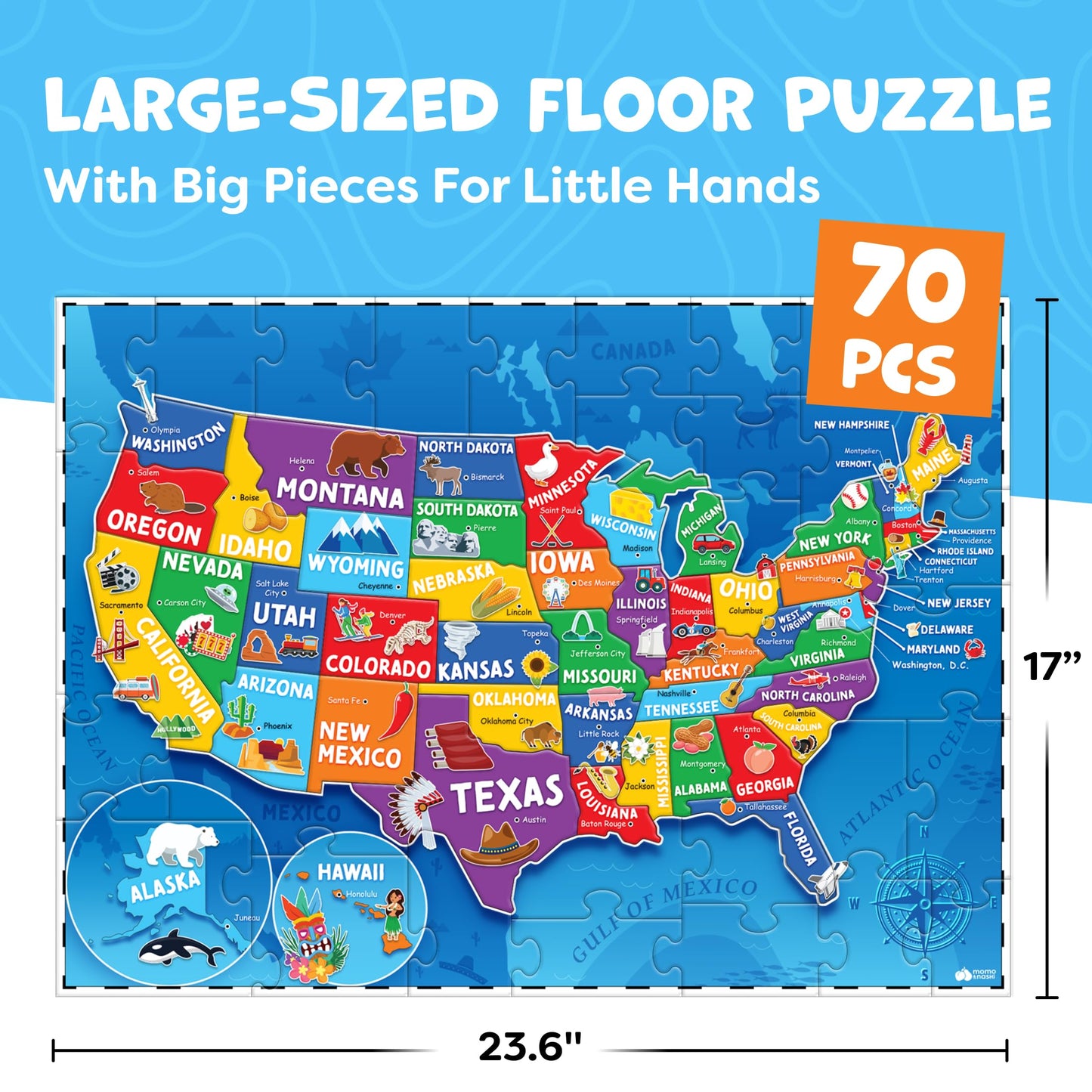 United States Puzzles for Kids Ages 4-6 - Educational Toys for Boys & Girls - 70Pcs USA Map Kids Puzzle with 50 States & Capitals - Christmas Gifts for Kids - Floor Jigsaw Puzzles