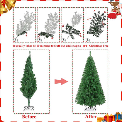 Fenbeli 6ft Christmas Tree with 1000 Branch Tips - Artificial Xmas Tree with Metal Hinges & Foldable Base for Home, Office, Party Decoration (Green, 6FT)