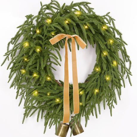 Christmas Wreath -24 Inch Real Touch Norfolk Pine Wreath for Front Door, Christmas Wreath with Lights, Greenery Wreath with Ribbon Bell for Home Table Wall Window Indoor Outdoor Christmas Decoration Waipfaru