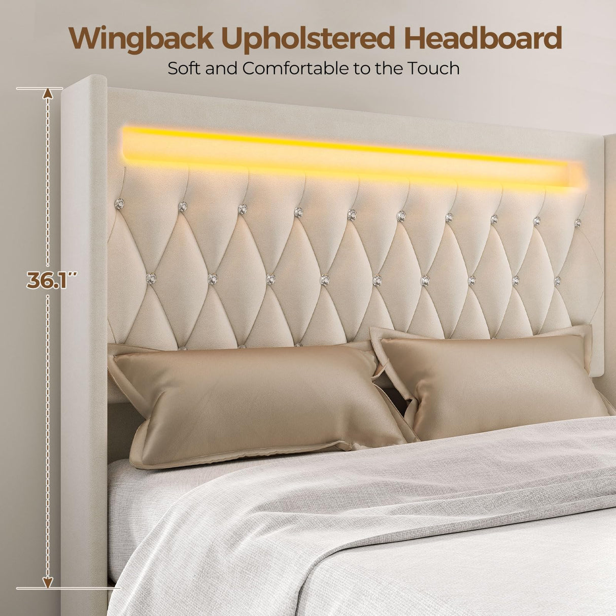 Rolanstar Full Bed Frame with LED Light and Charging Station, Upholstered High Headboard and Footboard, Wood Slats, Noise Free, Easy Assembly, Beige Rolanstar