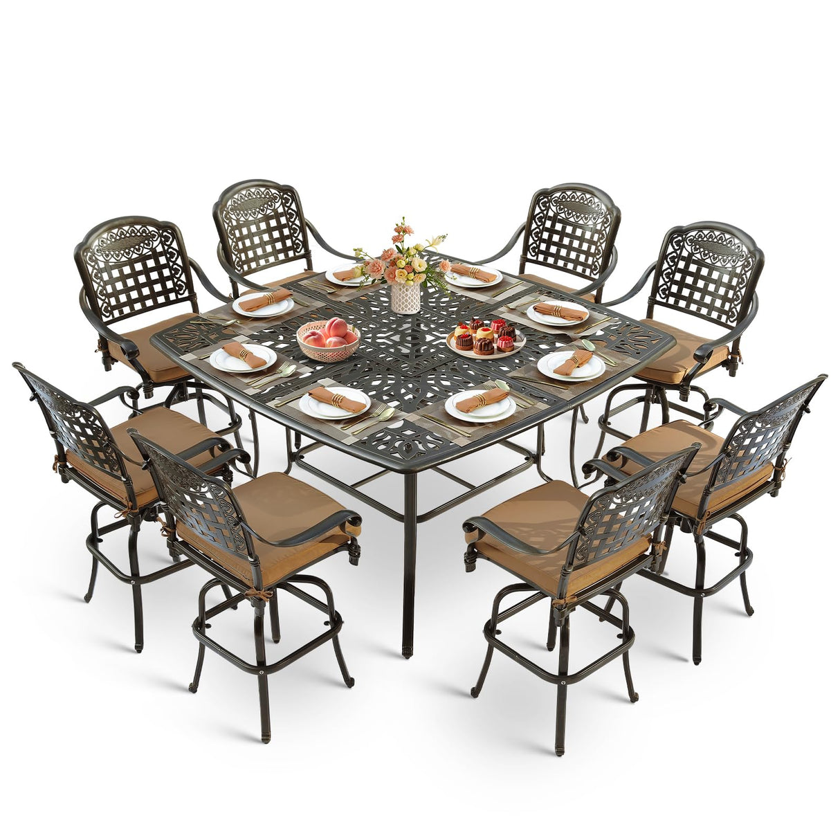 VIVIJASON 9-Piece High Patio Dining Set, Free-Rust Cast Aluminum Patio Bar Table and Chairs Set with 8 Swivel Bar Stools & 64" Bar Height Dining Table, Umbrella Hole for Backyard, Lawn, Garden VIVIJASON