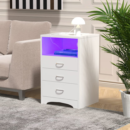 White Nightstand with Wireless Charging Station and LED Lights, Modern End Side Table with 3 Drawers, Wooden Cabinet Stand by Sofa, Bedside Tables for Bedroom with USB Ports Outlet