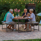 YITAHOME Patio Dining Set for 4-6 People, Outdoor Table and Bench Chairs with 2" Umbrella Hole and Storage Hollow Shelf, Picnic Conversation Set with 2 Benches for Garden Yard Porch, Brown YITAHOME