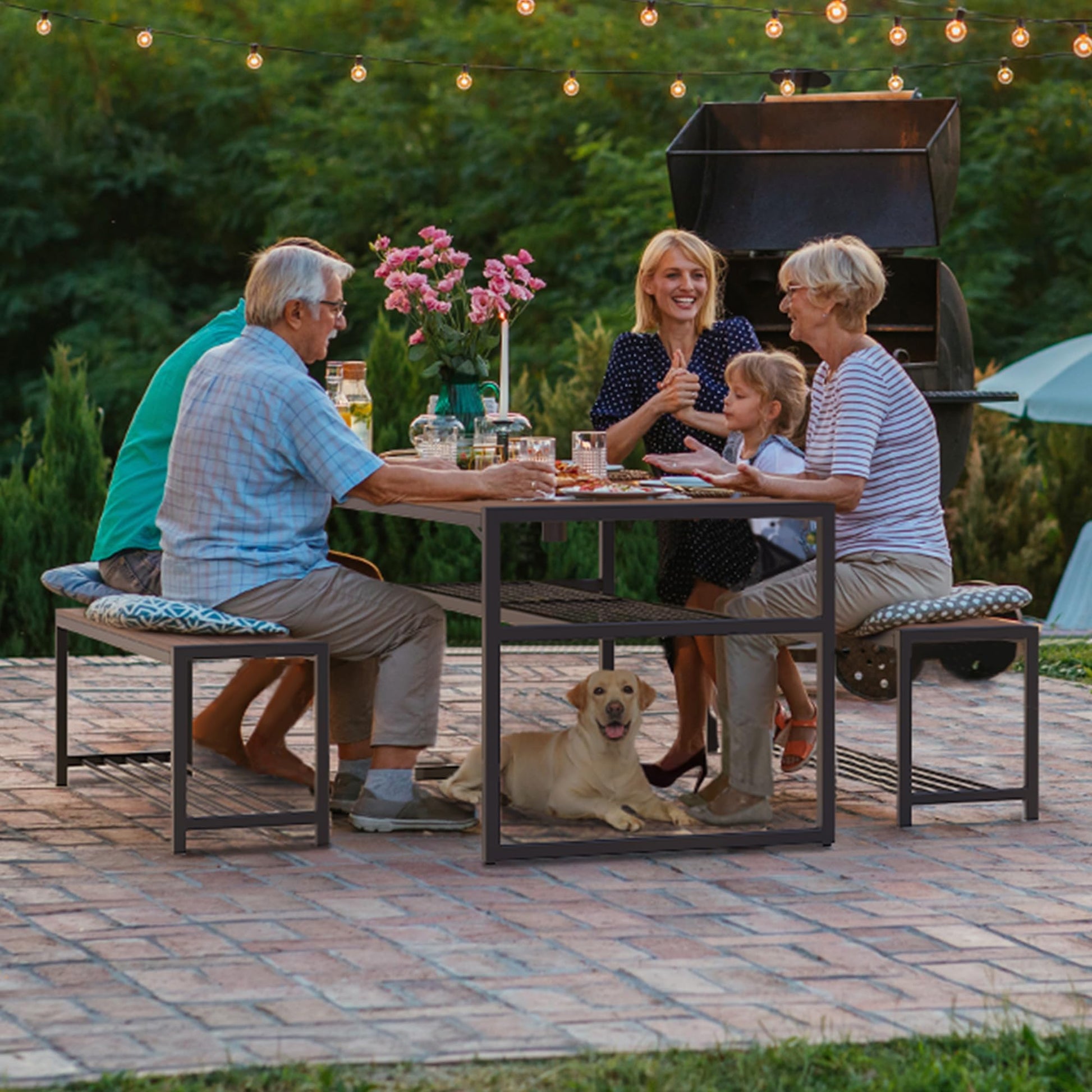 YITAHOME Patio Dining Set for 4-6 People, Outdoor Table and Bench Chairs with 2" Umbrella Hole and Storage Hollow Shelf, Picnic Conversation Set with 2 Benches for Garden Yard Porch, Brown - WoodArtSupply