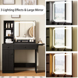 IRONCK Vanity Desk with LED Lighted Mirror & Power Outlet, Makeup Table with Drawers & Cabinet,Storage Stool,for Bedroom, Black IRONCK