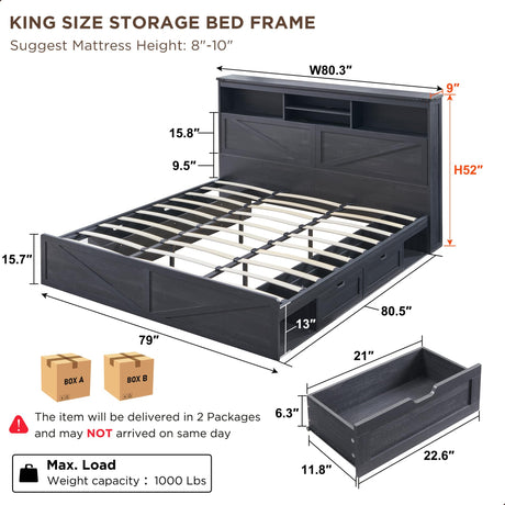 ACCOHOHO King Size Wood Bed Frame Farmhouse with 52" Tall Storage Bookcase Headboard, LED Light,Charging Station,4 Drawers and Solid Wood Slats Support,Noiseless,No Box Spring Needed - Black ACCOHOHO