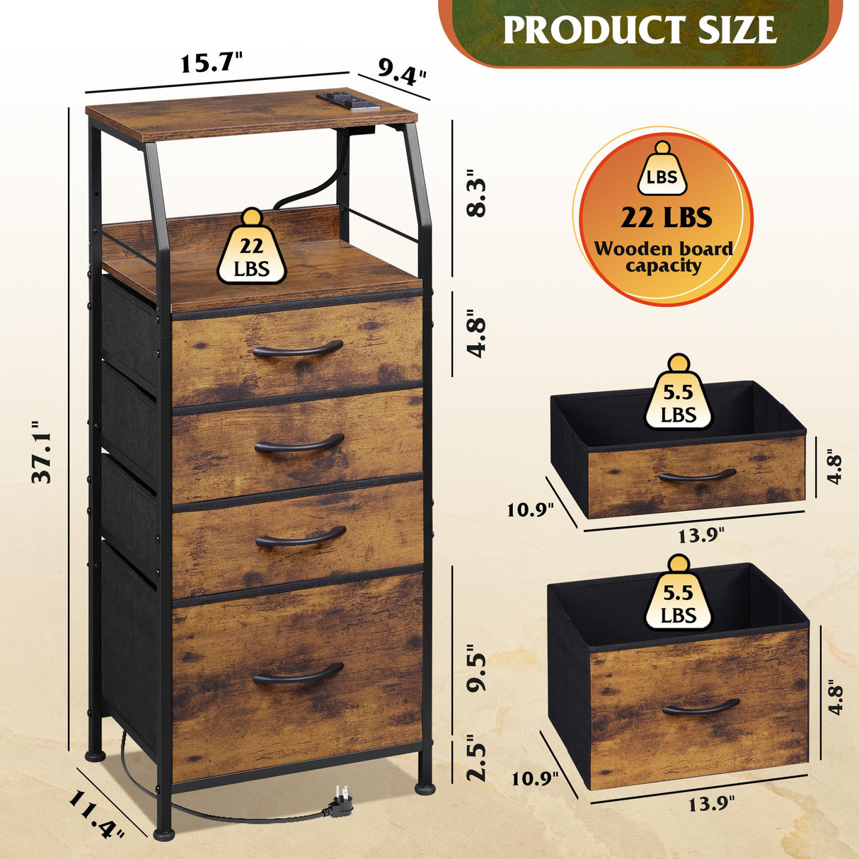 WLIVE 4 Drawer Dresser for Bedroom, Nightstand with Charging Station and Led Light, Tall Night Stand Bed Side Table, End Table with USB Ports and Outlets, Fabric Bins, Wood Shelf, Rustic Brown WLIVE